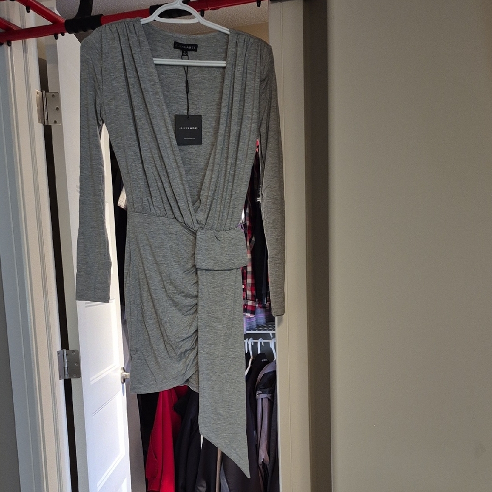 JLUXLABEL Gray Long Sleeve Plunge Sheath Mini Dress